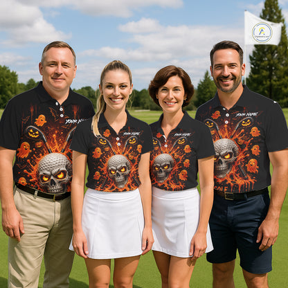 Personalized Spooky Halloween Women Golf Polo Shirt, Orange Pumpkin Skull Dripping Slime Apparel NHT1436