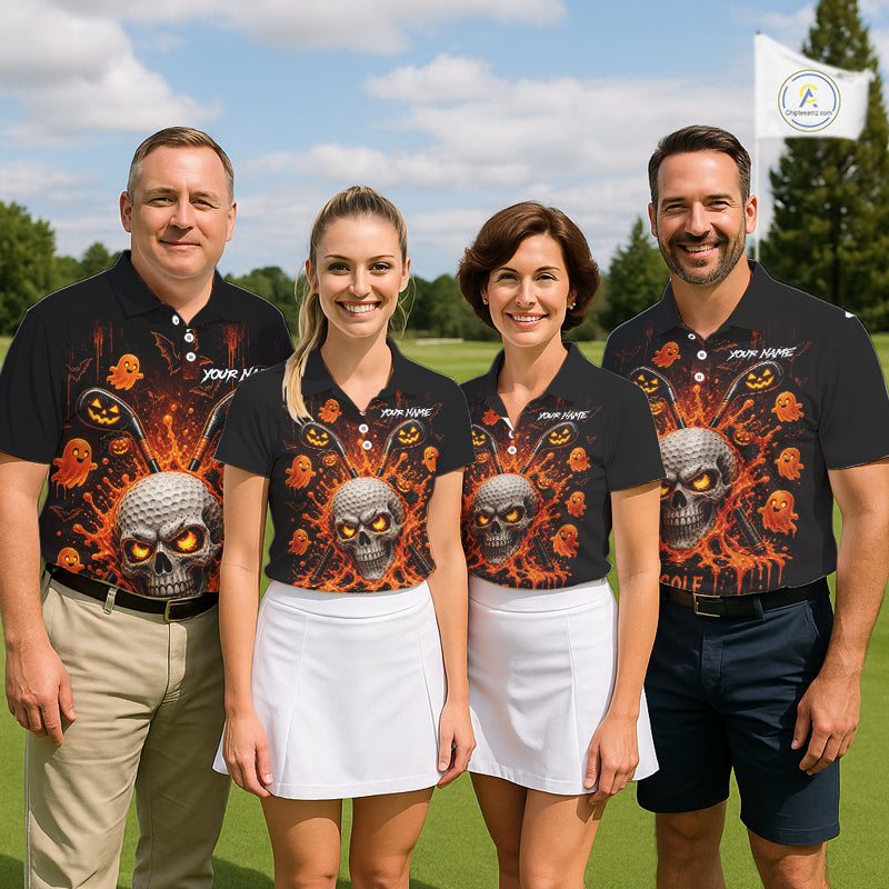Personalized Spooky Halloween Men Golf Polo Shirt, Orange Pumpkin Skull Dripping Slime Apparel NHT1436