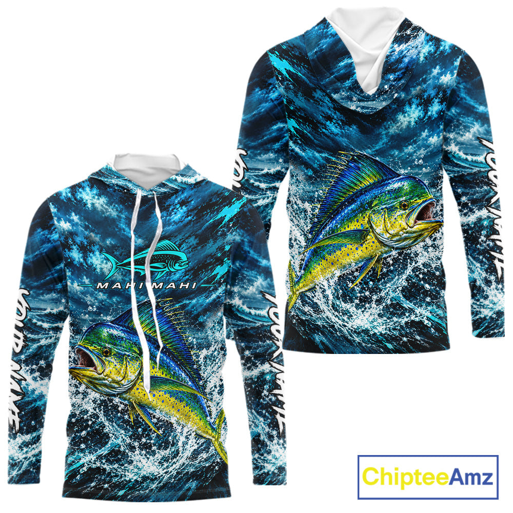 Custom Mahi Mahi Fishing Jersey With Name, Dorado Hooded Long Sleeve Tournament Shirt NHT1595