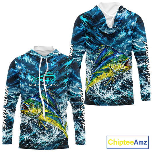 Custom Mahi Mahi Fishing Jersey With Name, Dorado Hooded Long Sleeve Tournament Shirt NHT1595