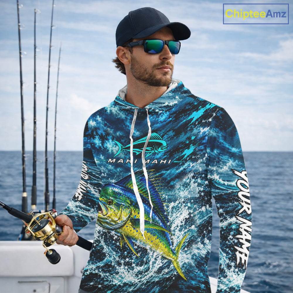 Custom Mahi Mahi Fishing Jersey With Name, Dorado Hooded Long Sleeve Tournament Shirt NHT1595