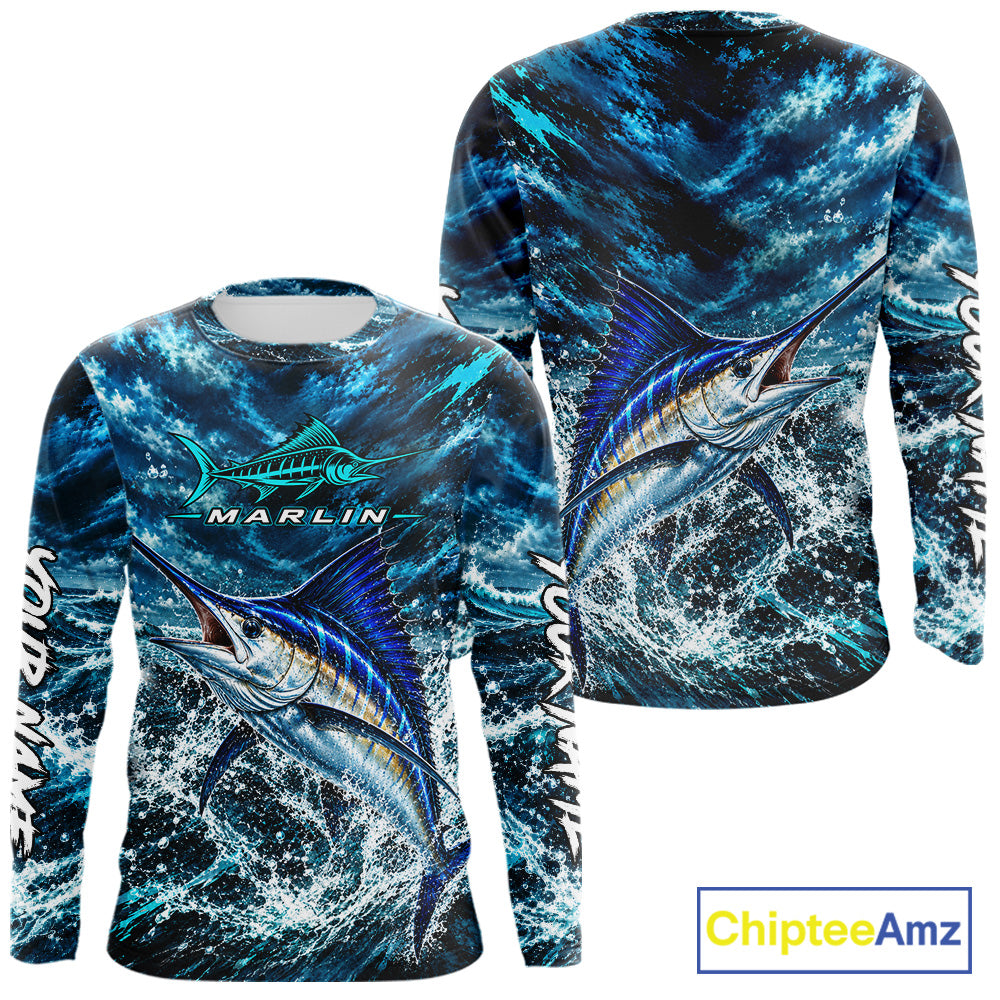 Custom Marlin Fishing Jersey With Name, Marlin Long Sleeve Tournament Shirt NHT1596