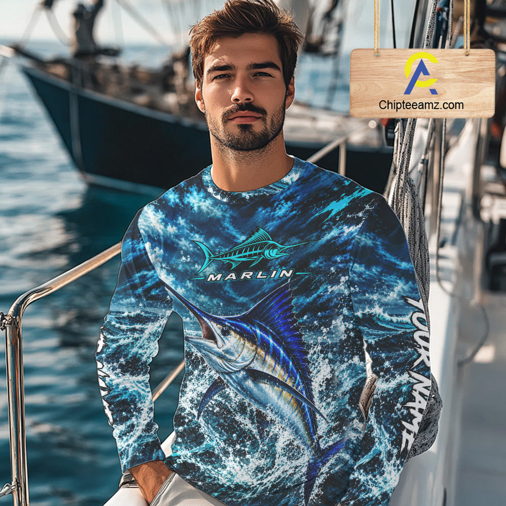 Custom Marlin Fishing Jersey With Name, Marlin Long Sleeve Tournament Shirt NHT1596