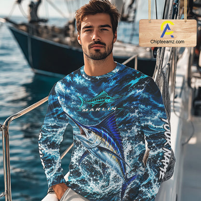 Custom Marlin Fishing Jersey With Name, Marlin Long Sleeve Tournament Shirt NHT1596