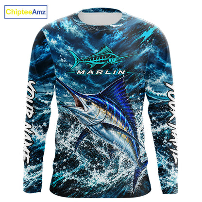 Custom Marlin Fishing Jersey With Name, Marlin Long Sleeve Tournament Shirt NHT1596