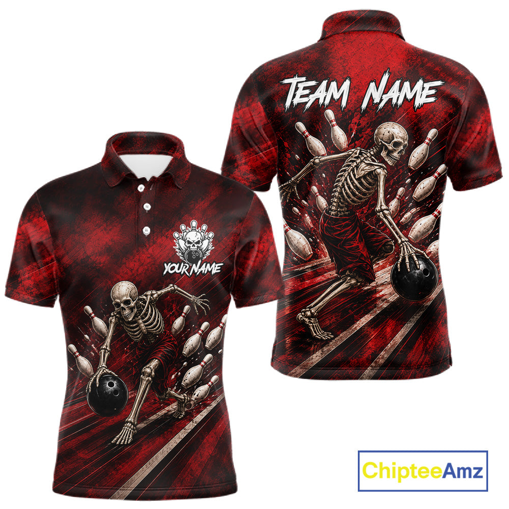 Personalized Bowling Tournament Jersey & Custom Team Shirts, Red Skeleton Bowling Polo For Men NHT1601