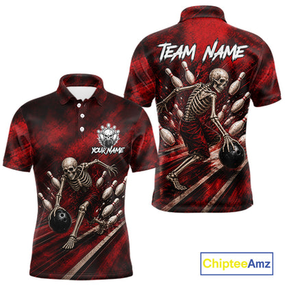 Personalized Bowling Tournament Jersey & Custom Team Shirts, Red Skeleton Bowling Polo For Men NHT1601