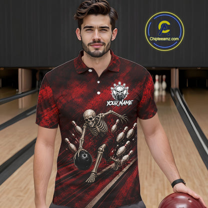 Personalized Bowling Tournament Jersey & Custom Team Shirts, Red Skeleton Bowling Polo For Men NHT1601