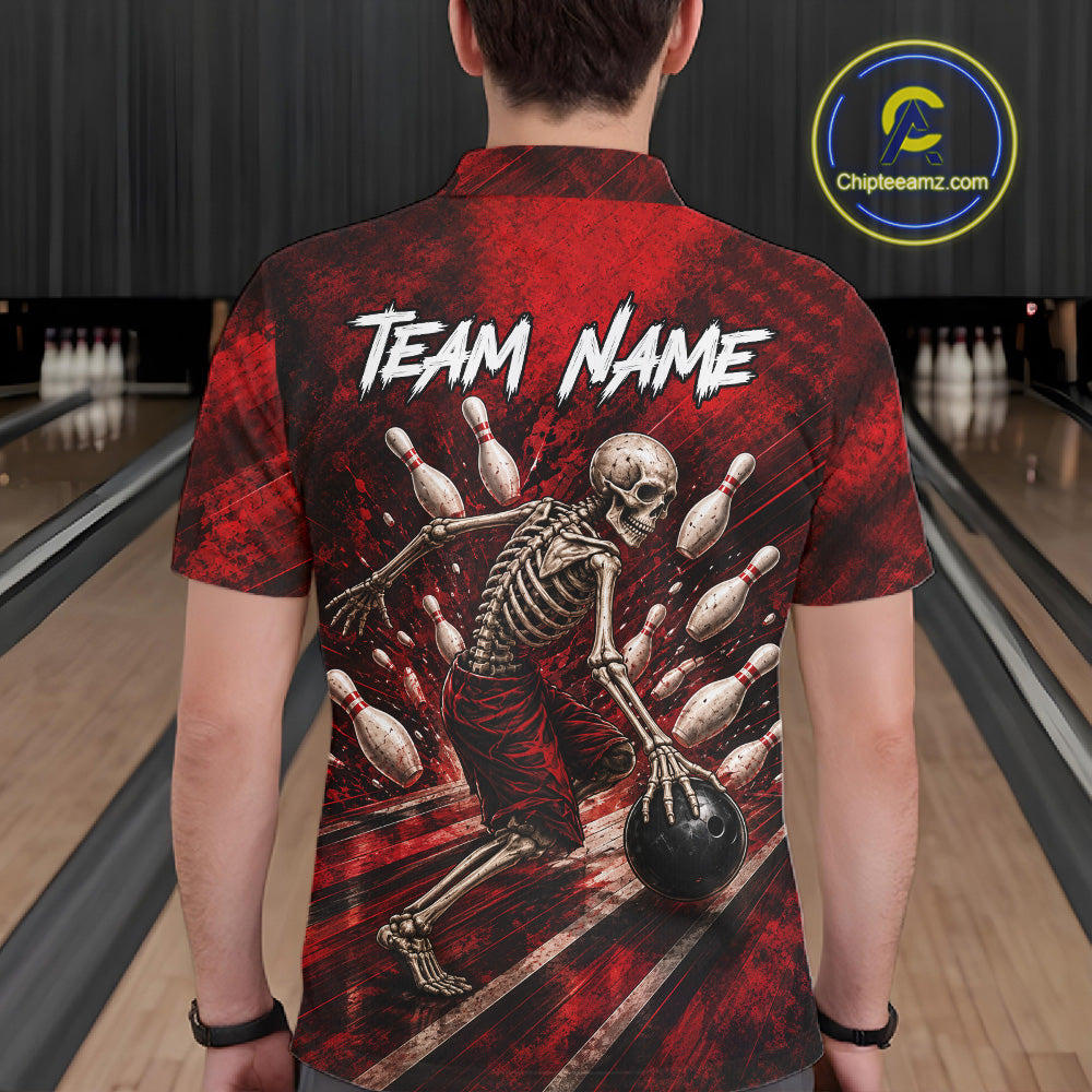 Personalized Bowling Tournament Jersey & Custom Team Shirts, Red Skeleton Bowling Polo For Men NHT1601
