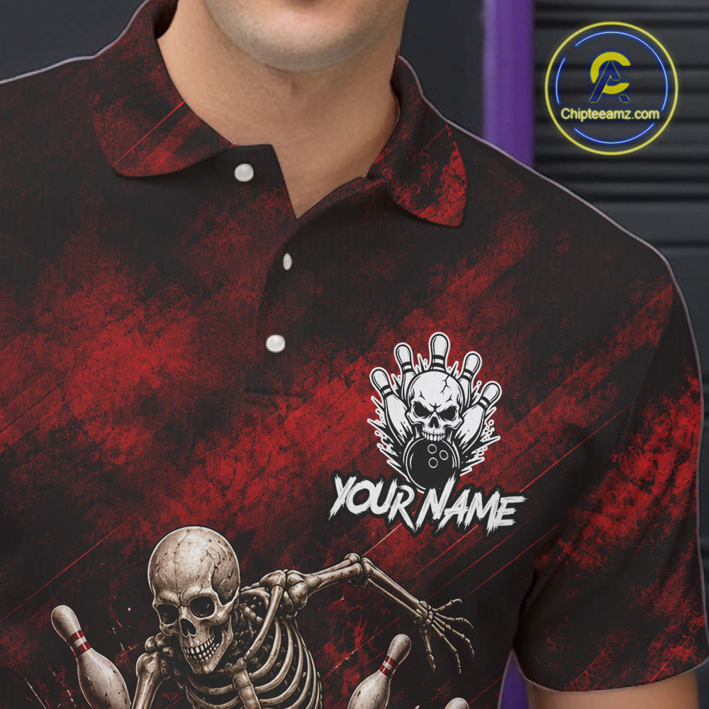 Personalized Bowling Tournament Jersey & Custom Team Shirts, Red Skeleton Bowling Polo For Men NHT1601