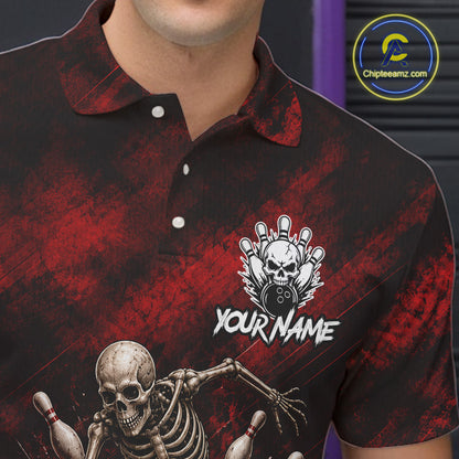 Personalized Bowling Tournament Jersey & Custom Team Shirts, Red Skeleton Bowling Polo For Men NHT1601