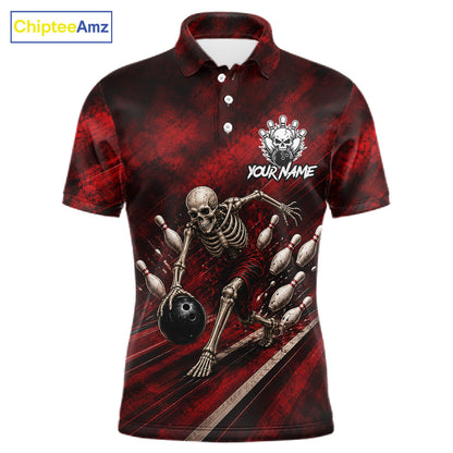 Personalized Bowling Tournament Jersey & Custom Team Shirts, Red Skeleton Bowling Polo For Men NHT1601