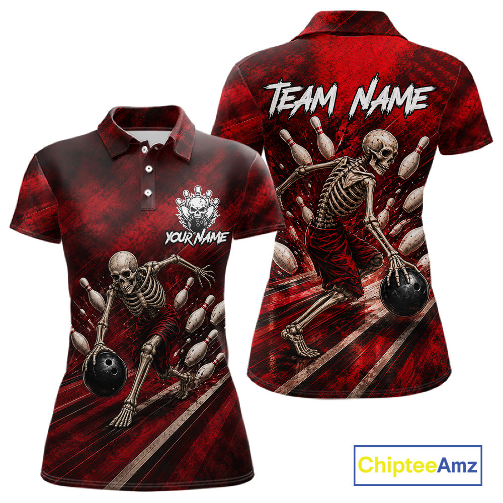 Personalized Bowling Tournament Jersey & Custom Team Shirts, Red Skeleton Bowling Polo For Women NHT1601