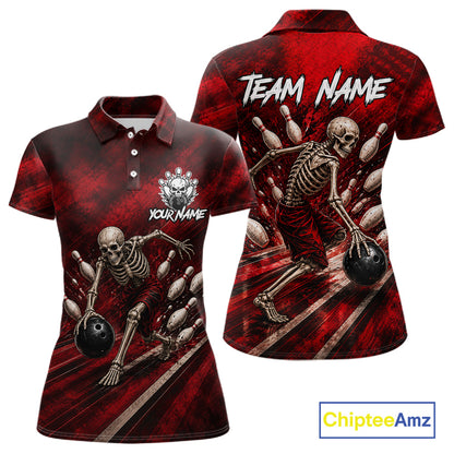 Personalized Bowling Tournament Jersey & Custom Team Shirts, Red Skeleton Bowling Polo For Women NHT1601