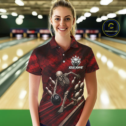 Personalized Bowling Tournament Jersey & Custom Team Shirts, Red Skeleton Bowling Polo For Women NHT1601
