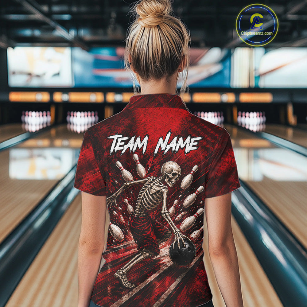 Personalized Bowling Tournament Jersey & Custom Team Shirts, Red Skeleton Bowling Polo For Women NHT1601