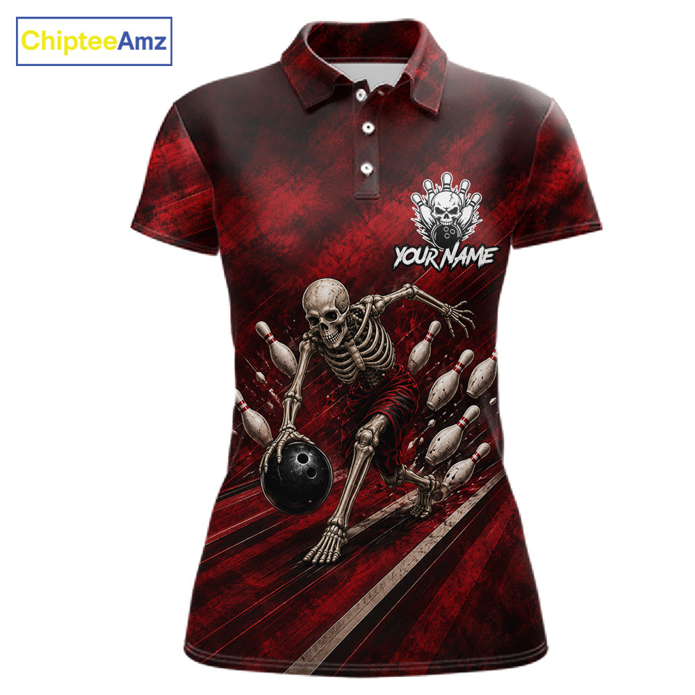 Personalized Bowling Tournament Jersey & Custom Team Shirts, Red Skeleton Bowling Polo For Women NHT1601