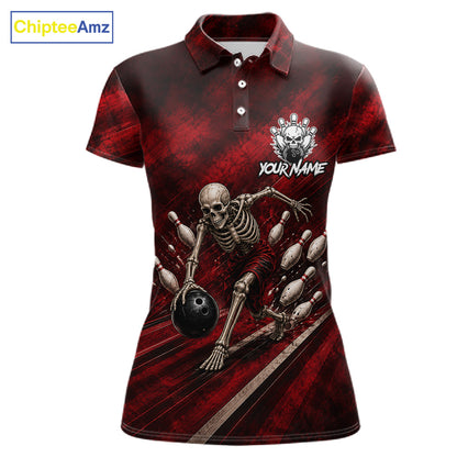 Personalized Bowling Tournament Jersey & Custom Team Shirts, Red Skeleton Bowling Polo For Women NHT1601