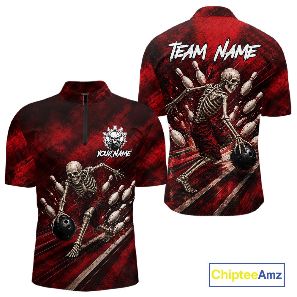 Personalized Bowling Tournament Jersey & Custom Team Shirts, Red Skeleton Bowling Polo For Men NHT1601