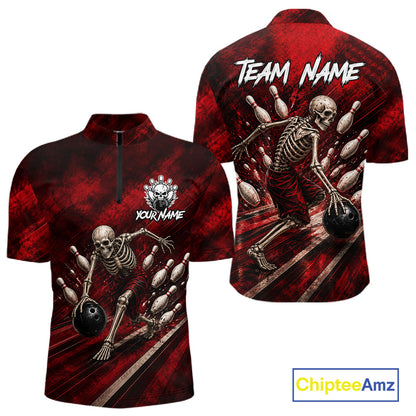 Personalized Bowling Tournament Jersey & Custom Team Shirts, Red Skeleton Bowling Polo For Men NHT1601