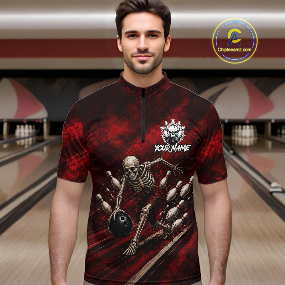 Personalized Bowling Tournament Jersey & Custom Team Shirts, Red Skeleton Bowling Polo For Men NHT1601