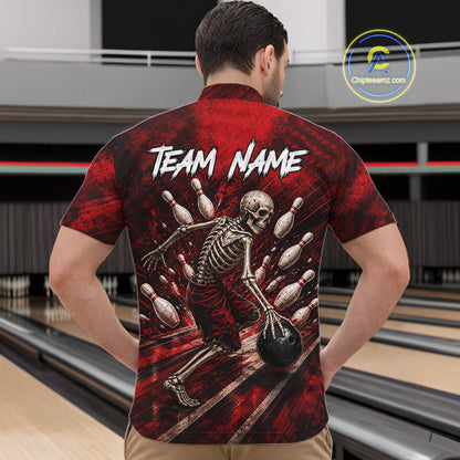 Personalized Bowling Tournament Jersey & Custom Team Shirts, Red Skeleton Bowling Polo For Men NHT1601