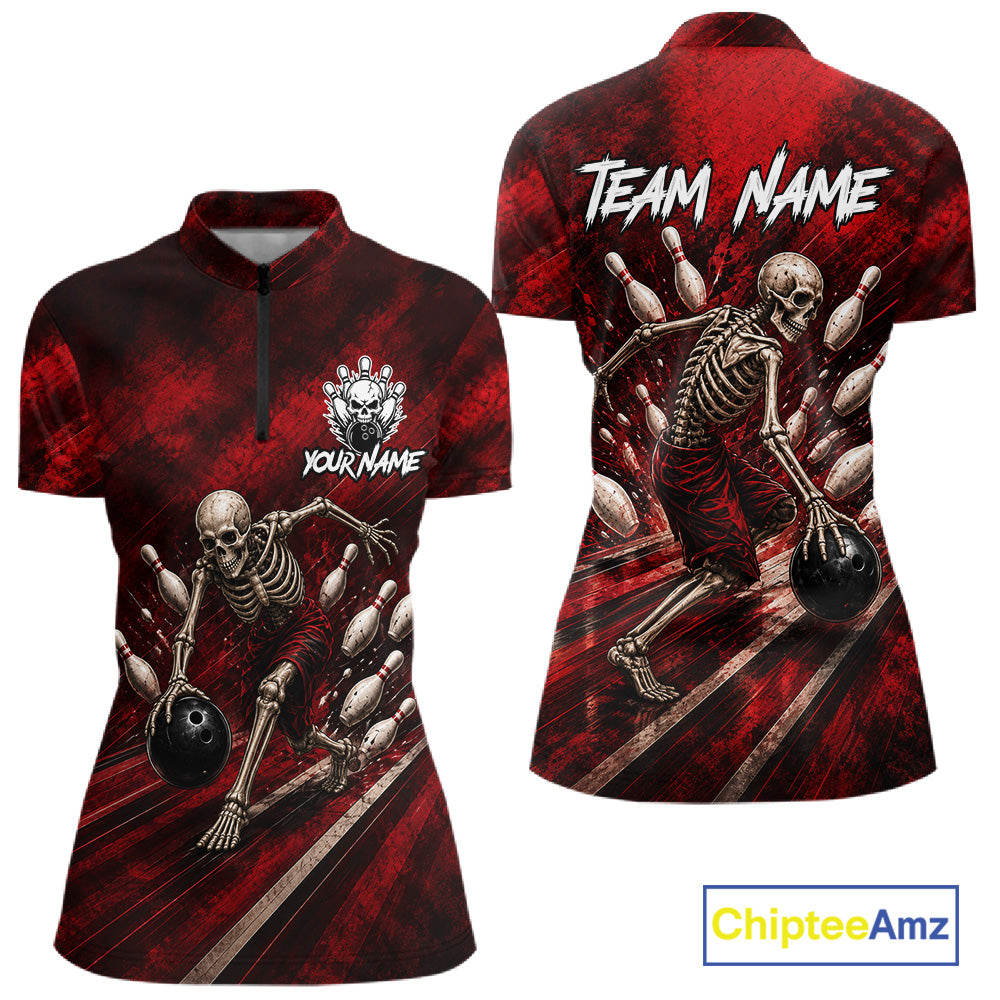 Personalized Bowling Tournament Jersey & Custom Team Shirts, Red Skeleton Bowling Polo For Women NHT1601