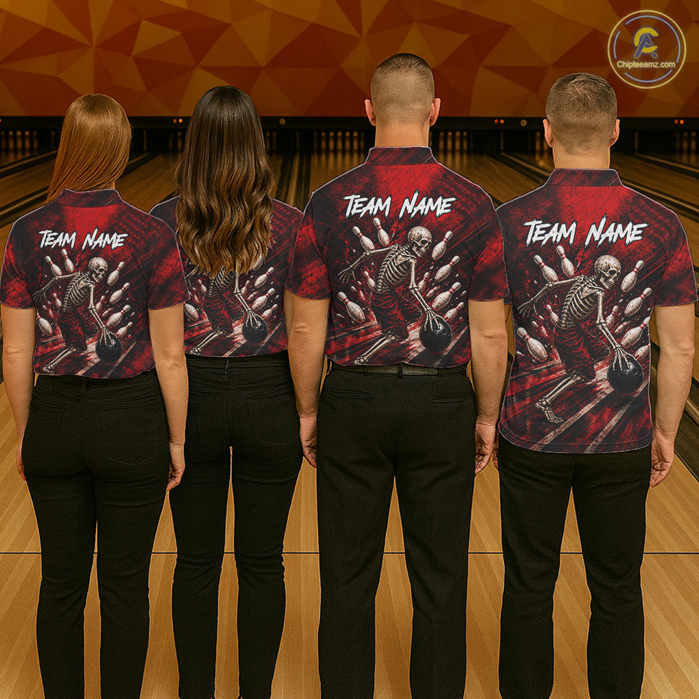 Personalized Bowling Tournament Jersey & Custom Team Shirts, Red Skeleton Bowling Polo For Women NHT1601