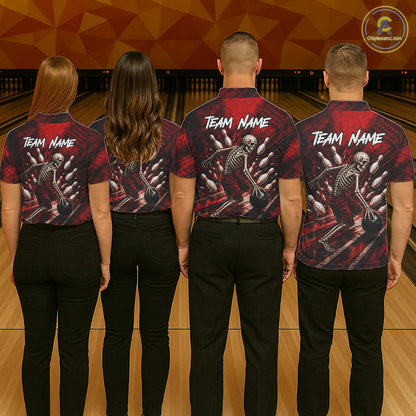 Personalized Bowling Tournament Jersey & Custom Team Shirts, Red Skeleton Bowling Polo For Women NHT1601