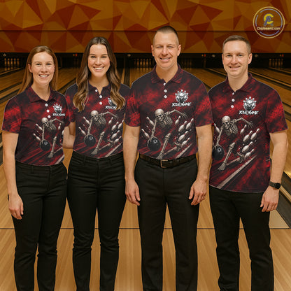 Personalized Bowling Tournament Jersey & Custom Team Shirts, Red Skeleton Bowling Polo For Men NHT1601
