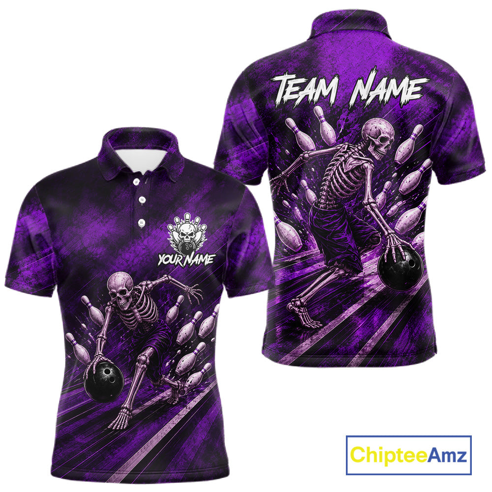 Personalized Bowling Tournament Jersey & Custom Team Shirts, Purple Skeleton Bowling Polo For Men NHT1602