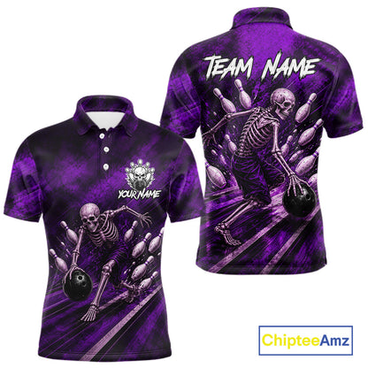 Personalized Bowling Tournament Jersey & Custom Team Shirts, Purple Skeleton Bowling Polo For Men NHT1602