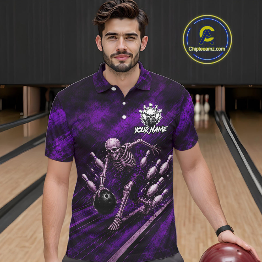 Personalized Bowling Tournament Jersey & Custom Team Shirts, Purple Skeleton Bowling Polo For Men NHT1602