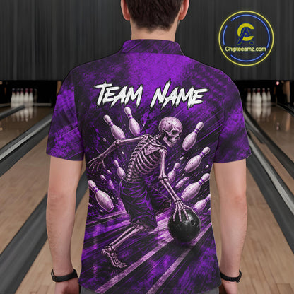 Personalized Bowling Tournament Jersey & Custom Team Shirts, Purple Skeleton Bowling Polo For Men NHT1602