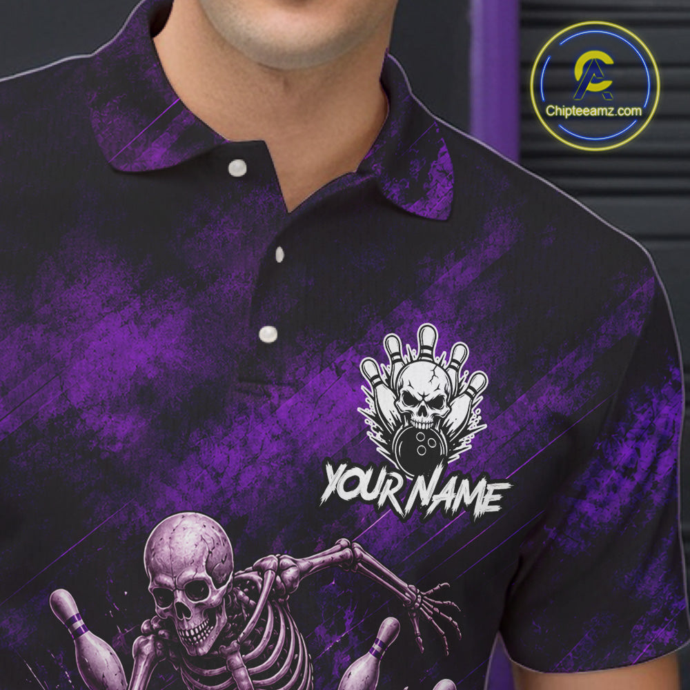 Personalized Bowling Tournament Jersey & Custom Team Shirts, Purple Skeleton Bowling Polo For Men NHT1602