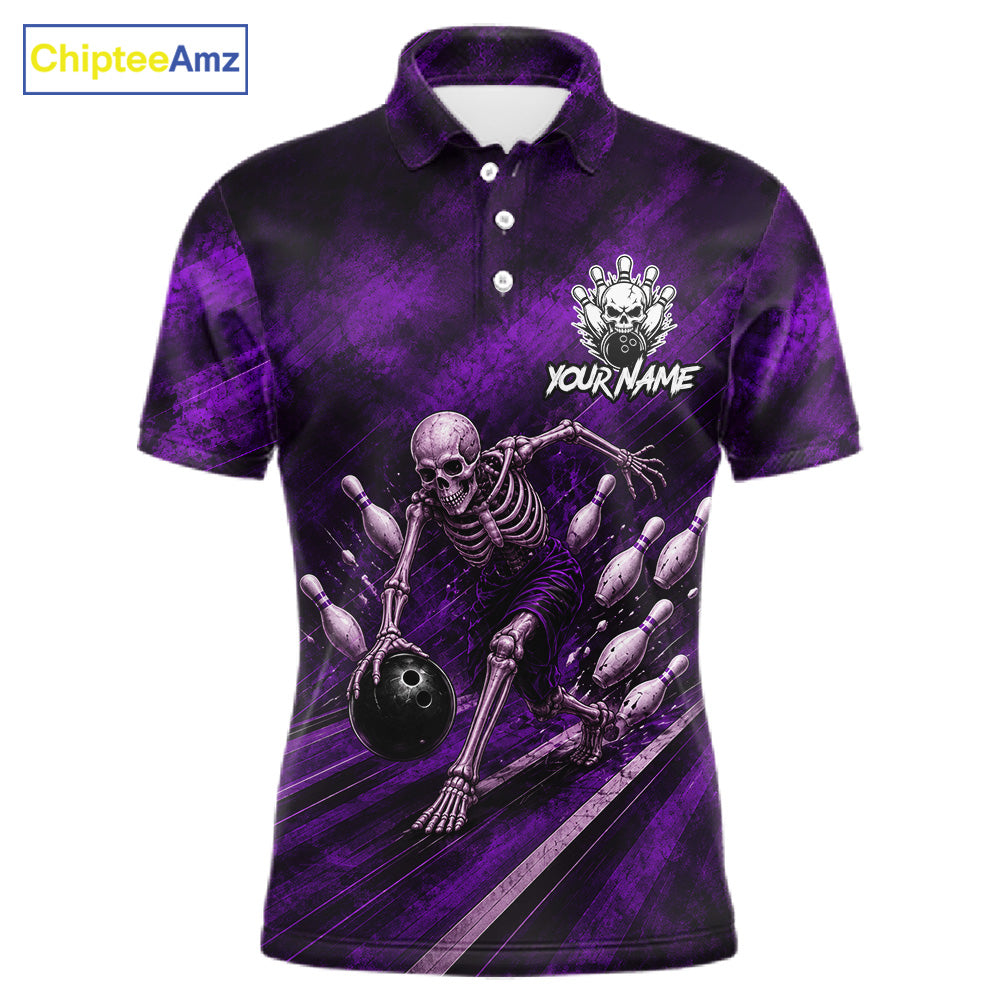 Personalized Bowling Tournament Jersey & Custom Team Shirts, Purple Skeleton Bowling Polo For Men NHT1602