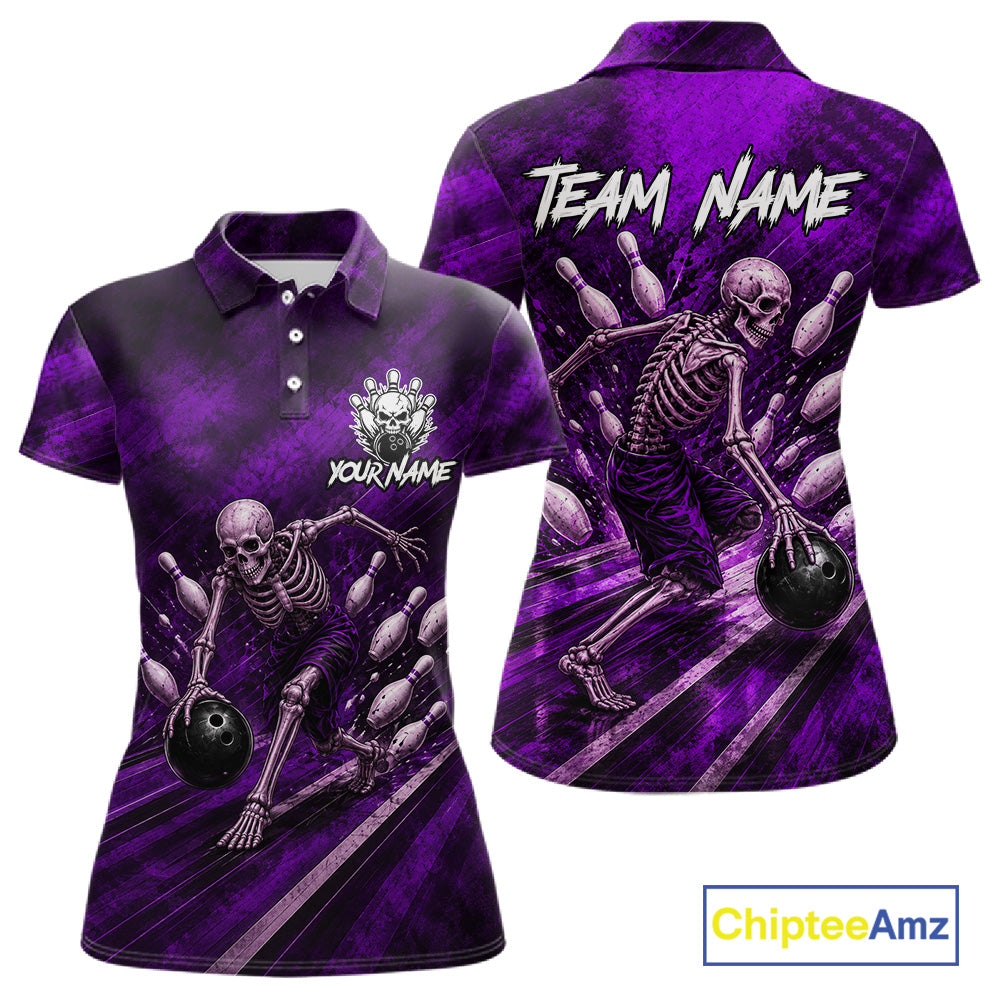 Personalized Bowling Tournament Jersey & Custom Team Shirts, Purple Skeleton Bowling Polo For Women NHT1602