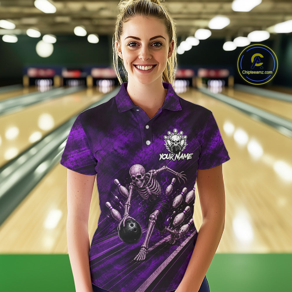 Personalized Bowling Tournament Jersey & Custom Team Shirts, Purple Skeleton Bowling Polo For Women NHT1602