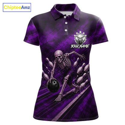 Personalized Bowling Tournament Jersey & Custom Team Shirts, Purple Skeleton Bowling Polo For Women NHT1602