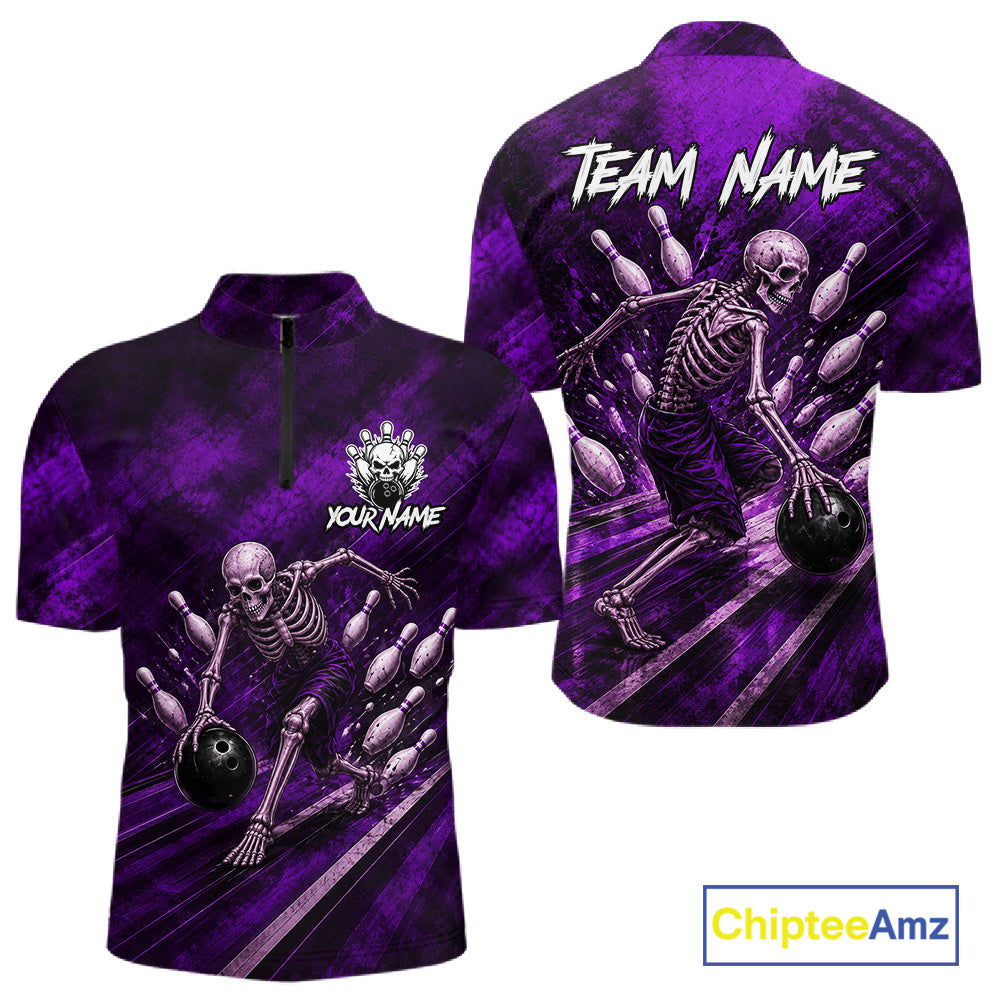 Personalized Bowling Tournament Jersey & Custom Team Shirts, Purple Skeleton Bowling Polo For Men NHT1602