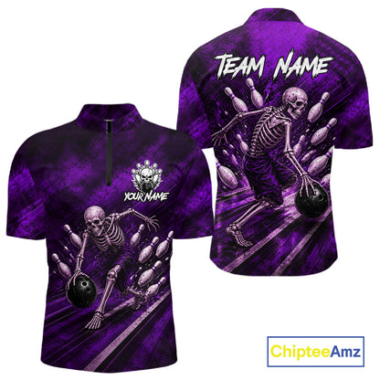 Personalized Bowling Tournament Jersey & Custom Team Shirts, Purple Skeleton Bowling Polo For Men NHT1602