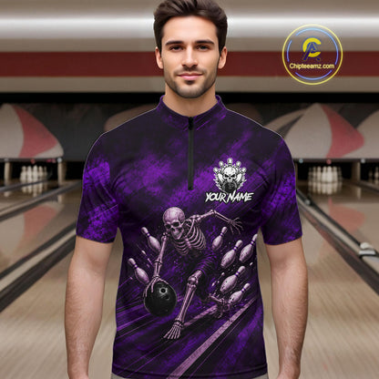 Personalized Bowling Tournament Jersey & Custom Team Shirts, Purple Skeleton Bowling Polo For Men NHT1602