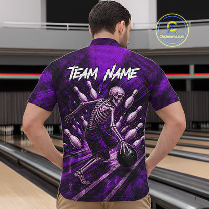 Personalized Bowling Tournament Jersey & Custom Team Shirts, Purple Skeleton Bowling Polo For Men NHT1602