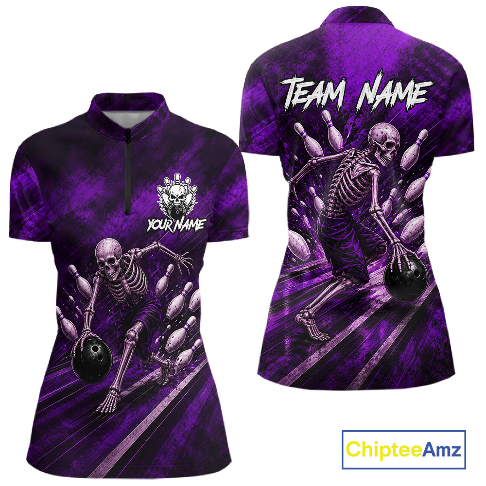 Personalized Bowling Tournament Jersey & Custom Team Shirts, Purple Skeleton Bowling Polo For Women NHT1602