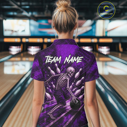 Personalized Bowling Tournament Jersey & Custom Team Shirts, Purple Skeleton Bowling Polo For Women NHT1602