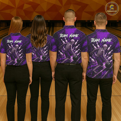 Personalized Bowling Tournament Jersey & Custom Team Shirts, Purple Skeleton Bowling Polo For Women NHT1602