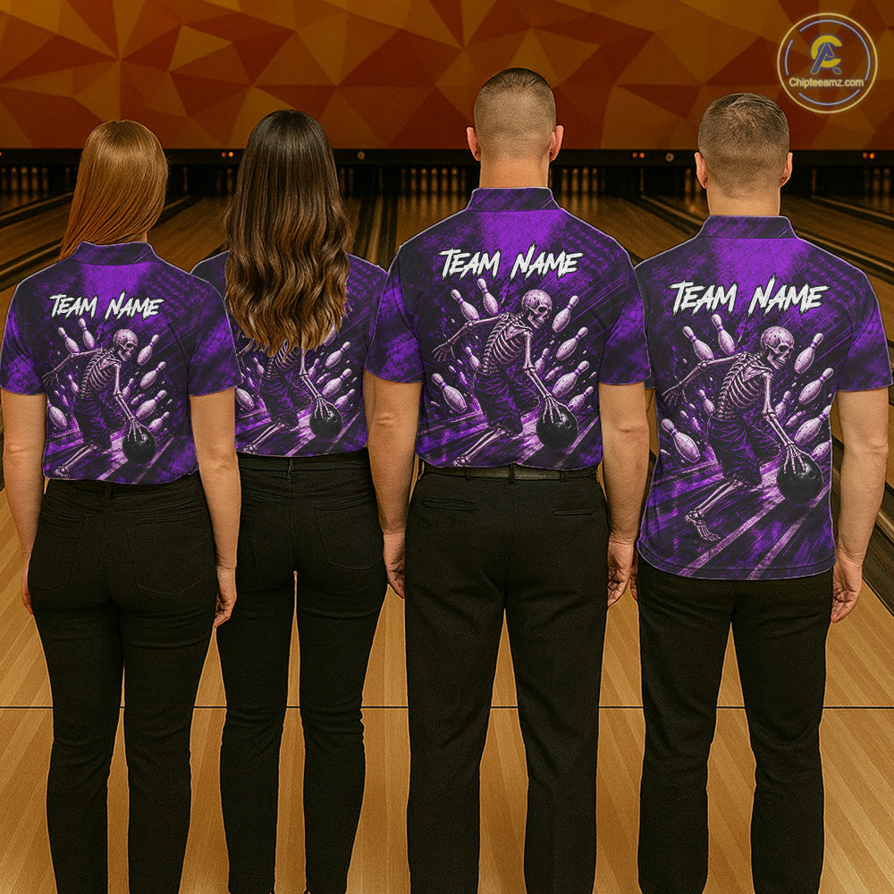 Personalized Bowling Tournament Jersey & Custom Team Shirts, Purple Skeleton Bowling Polo For Men NHT1602