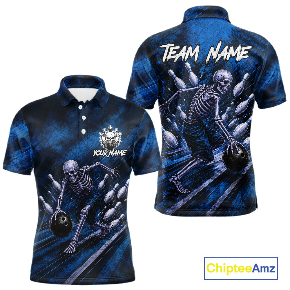 Personalized Bowling Tournament Jersey & Custom Team Shirts, Blue Skeleton Bowling Polo For Men NHT1603