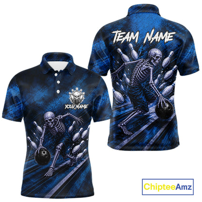Personalized Bowling Tournament Jersey & Custom Team Shirts, Blue Skeleton Bowling Polo For Men NHT1603