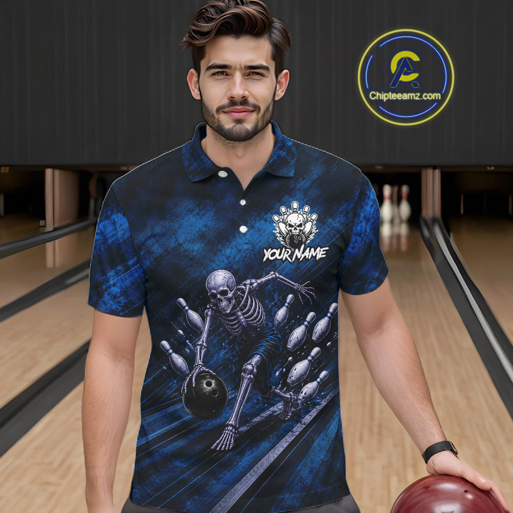 Personalized Bowling Tournament Jersey & Custom Team Shirts, Blue Skeleton Bowling Polo For Men NHT1603